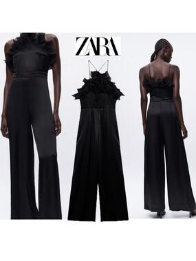 Zara black ruffle frill halter top spaghetti strap wide leg jumpsuit Sz S NWOT